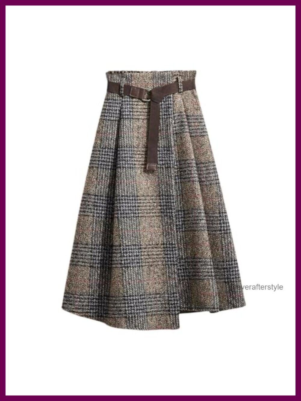 Vintage Plaid Wool Blend Midi Skirt Houndstooth A-Line with Belt